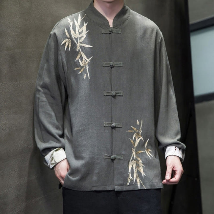 Camisa de manga larga con hojas de bambú y botones chinos estilo Tang de Buddha Stones, chaqueta de hombre de algodón y lino - image 10
