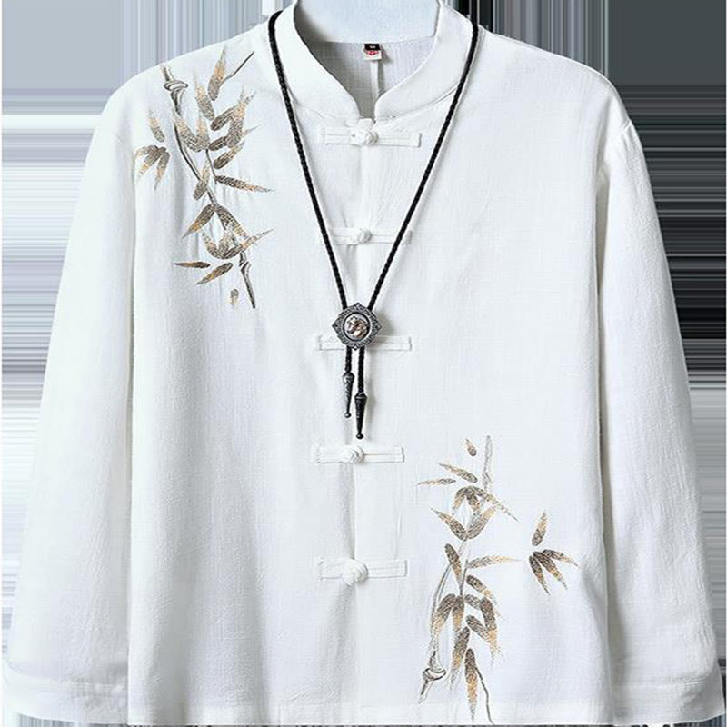 Camisa de manga larga con hojas de bambú y botones chinos estilo Tang de Buddha Stones, chaqueta de hombre de algodón y lino - image 2