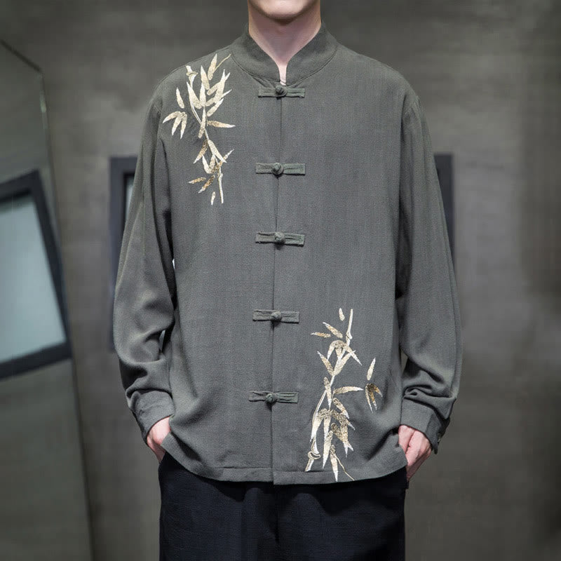 Camisa de manga larga con hojas de bambú y botones chinos estilo Tang de Buddha Stones, chaqueta de hombre de algodón y lino - Verde mar oscuro - US/UK/AU46, EU56 (5XL)  - image 9