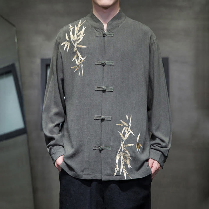 Camisa de manga larga con hojas de bambú y botones chinos estilo Tang de Buddha Stones, chaqueta de hombre de algodón y lino - Verde mar oscuro - US/UK/AU46, EU56 (5XL)  - image 9