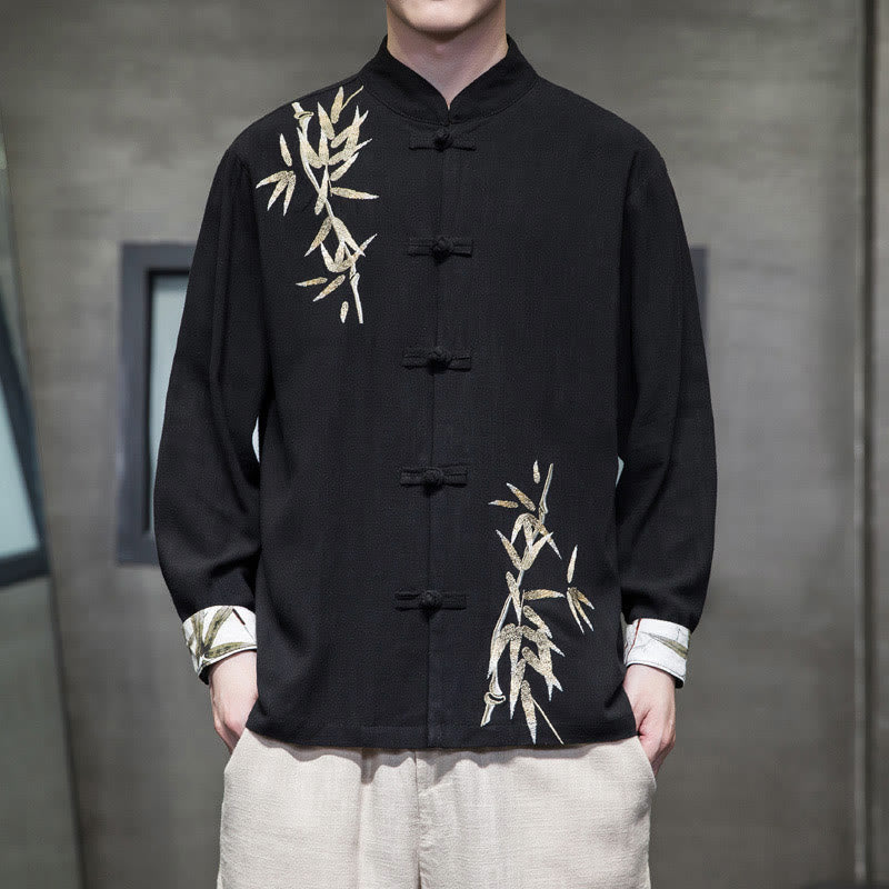 Camisa de manga larga con hojas de bambú y botones chinos estilo Tang de Buddha Stones, chaqueta de hombre de algodón y lino - Negro - US/UK/AU46, EU56 (5XL)  - image 6
