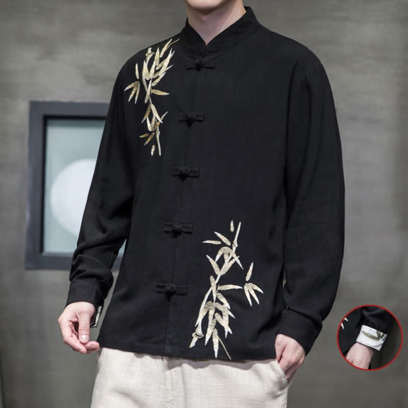 Camisa de manga larga con hojas de bambú y botones chinos estilo Tang de Buddha Stones, chaqueta de hombre de algodón y lino - image 8