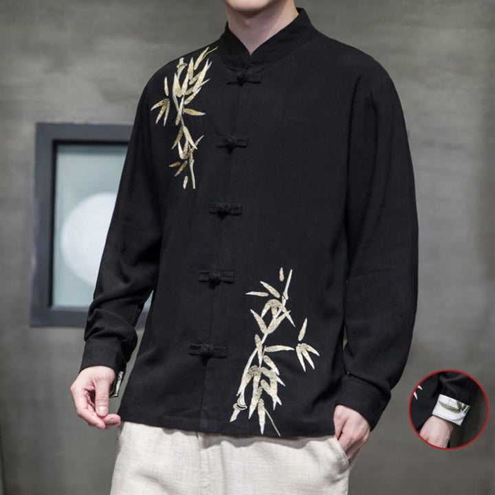 Camisa de manga larga con hojas de bambú y botones chinos estilo Tang de Buddha Stones, chaqueta de hombre de algodón y lino - image 8