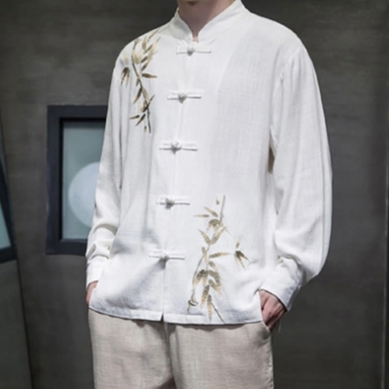 Camisa de manga larga con hojas de bambú y botones chinos estilo Tang de Buddha Stones, chaqueta de hombre de algodón y lino - image 1