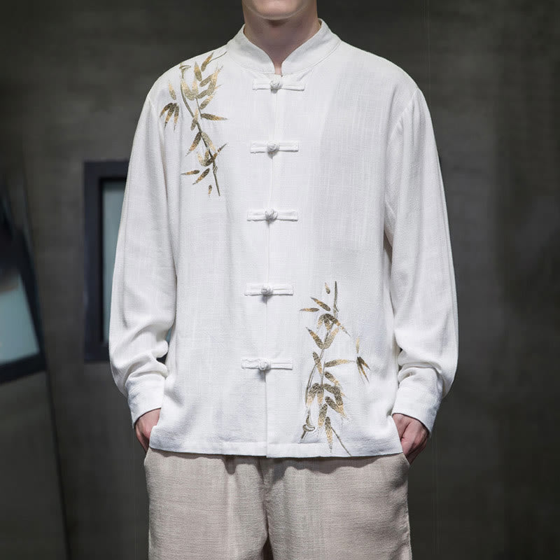 Camisa de manga larga con hojas de bambú y botones chinos estilo Tang de Buddha Stones, chaqueta de hombre de algodón y lino - Blanco - US/UK/AU46, EU56 (5XL)  - image 0
