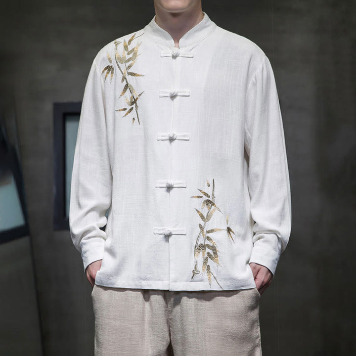 Camisa de manga larga con hojas de bambú y botones chinos estilo Tang de Buddha Stones, chaqueta de hombre de algodón y lino - Blanco - US/UK/AU46, EU56 (5XL)  - image 0