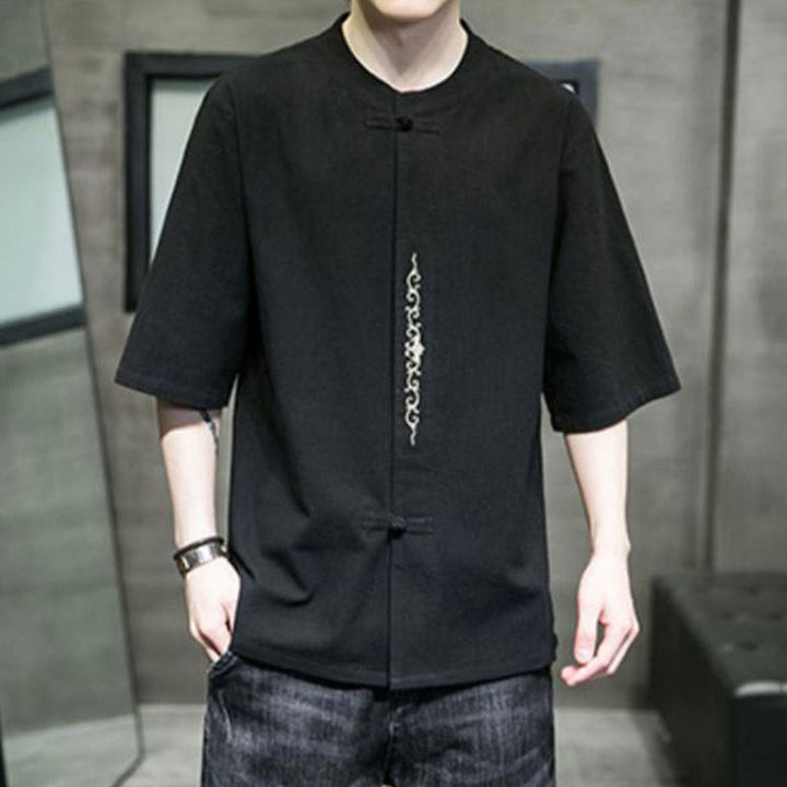 Camisa de algodón para hombre de media manga con botones de rana y bordado en color liso de Buddha Stones - image 13