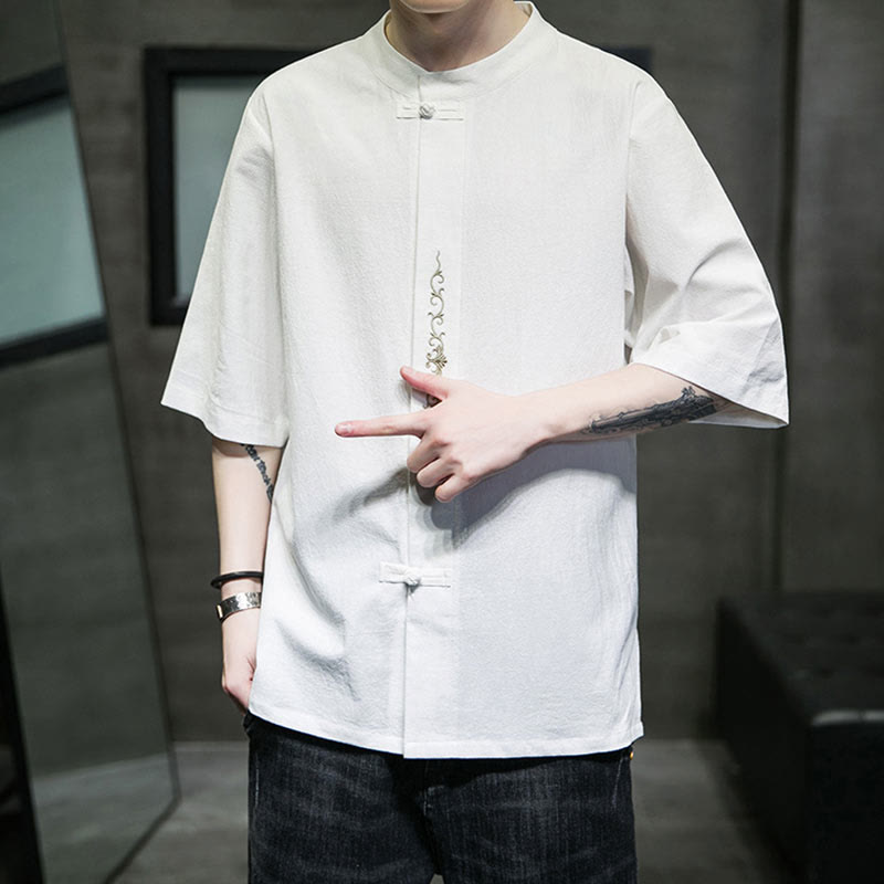 Camisa de algodón para hombre de media manga con botones de rana y bordado en color liso de Buddha Stones - image 26