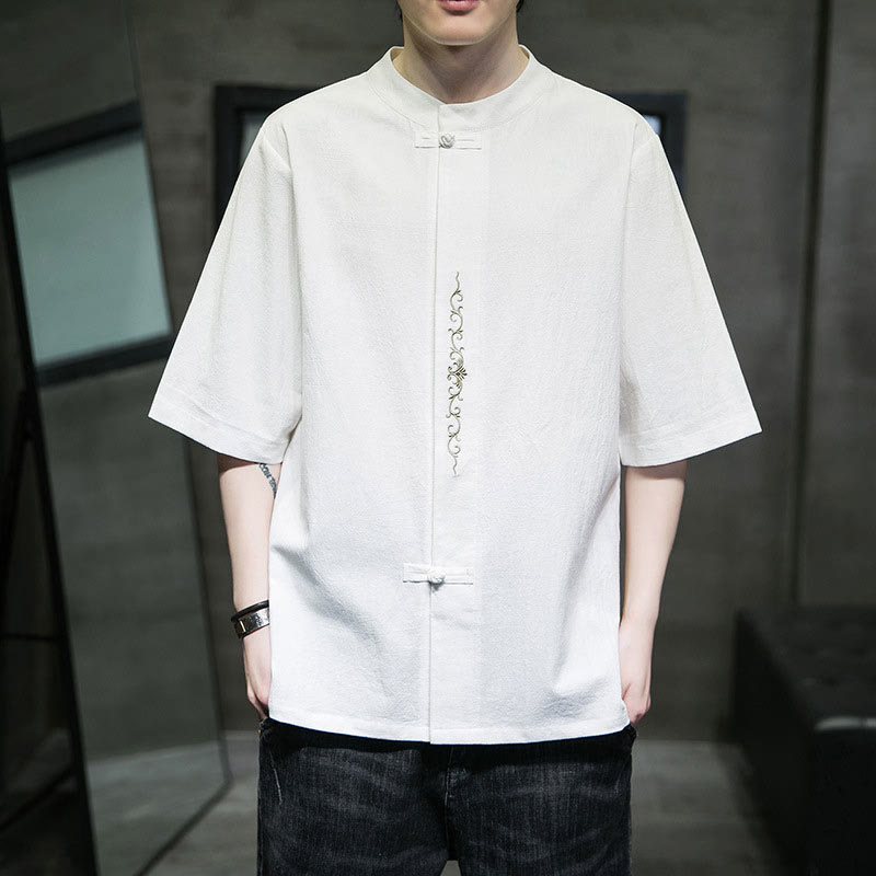 Camisa de algodón para hombre de media manga con botones de rana y bordado en color liso de Buddha Stones - Blanco - US/UK/AU46, EU56 (5XL) - image 17