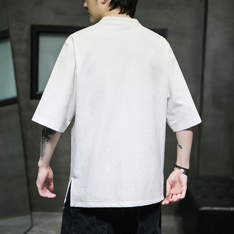 Camisa de algodón para hombre de media manga con botones de rana y bordado en color liso de Buddha Stones - image 18