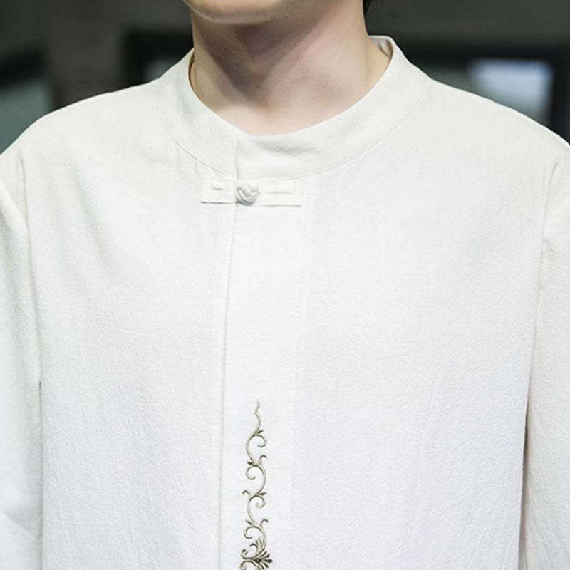 Camisa de algodón para hombre de media manga con botones de rana y bordado en color liso de Buddha Stones - image 23