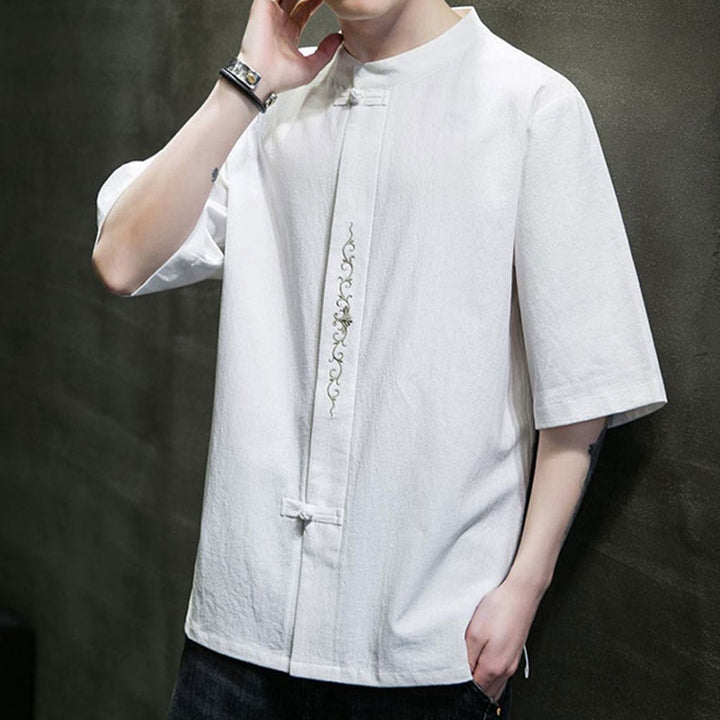 Camisa de algodón para hombre de media manga con botones de rana y bordado en color liso de Buddha Stones - image 21