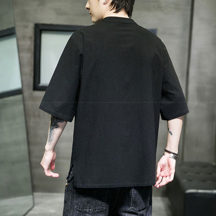 Camisa de algodón para hombre de media manga con botones de rana y bordado en color liso de Buddha Stones - image 9