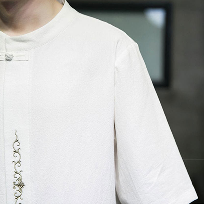 Camisa de algodón para hombre de media manga con botones de rana y bordado en color liso de Buddha Stones - image 22