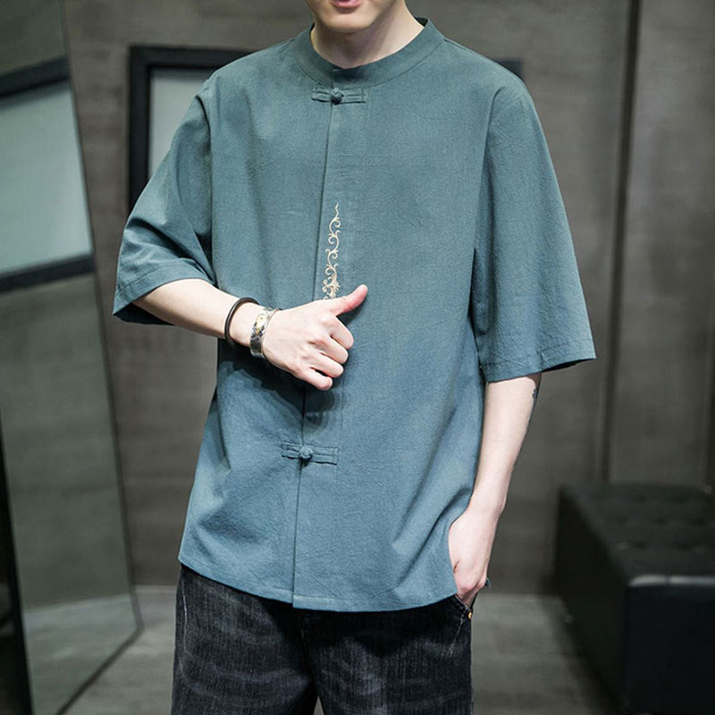 Camisa de algodón para hombre de media manga con botones de rana y bordado en color liso de Buddha Stones - image 7