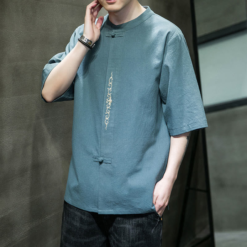 Camisa de algodón para hombre de media manga con botones de rana y bordado en color liso de Buddha Stones - image 4