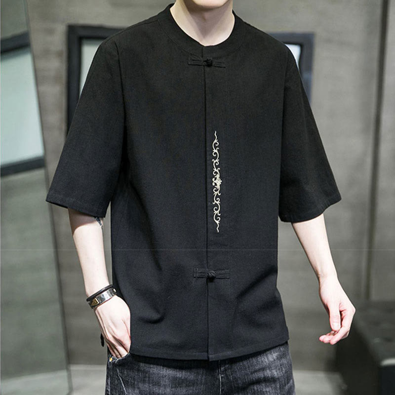 Camisa de algodón para hombre de media manga con botones de rana y bordado en color liso de Buddha Stones - image 15