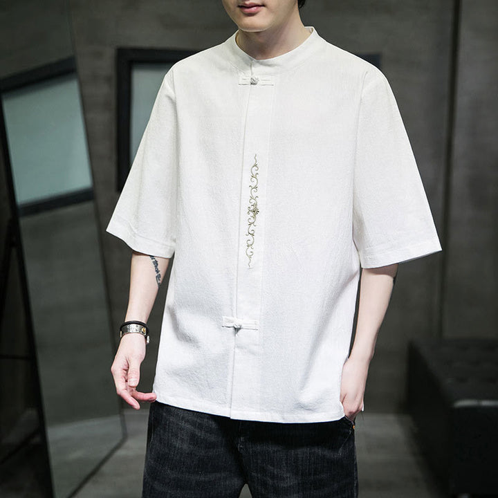 Camisa de algodón para hombre de media manga con botones de rana y bordado en color liso de Buddha Stones - image 25