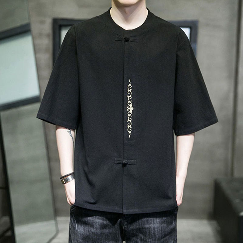 Camisa de algodón para hombre de media manga con botones de rana y bordado en color liso de Buddha Stones - Negro - US/UK/AU46, EU56 (5XL) - image 8