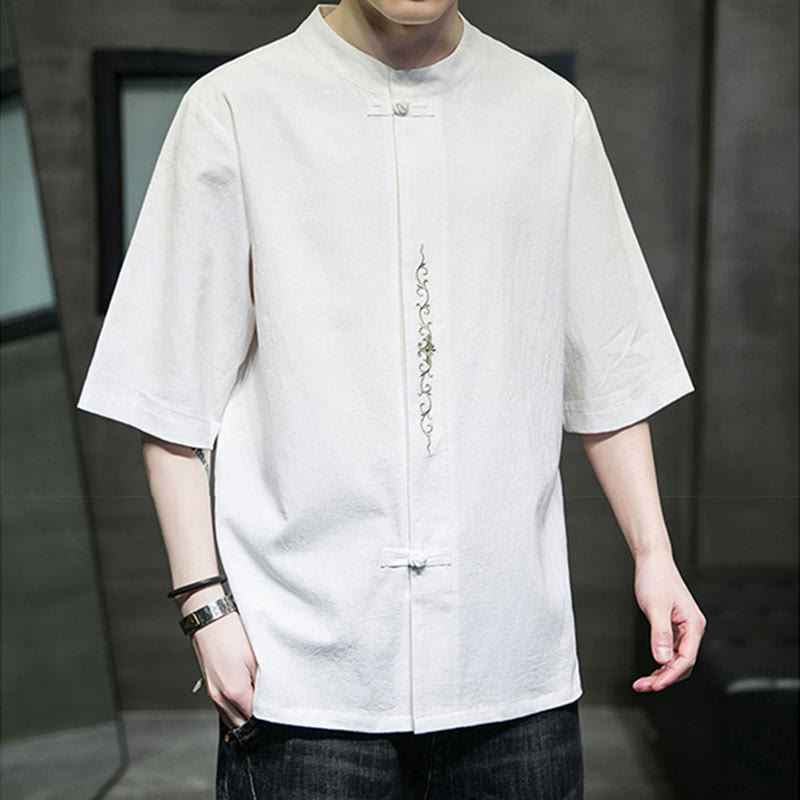 Camisa de algodón para hombre de media manga con botones de rana y bordado en color liso de Buddha Stones - image 19