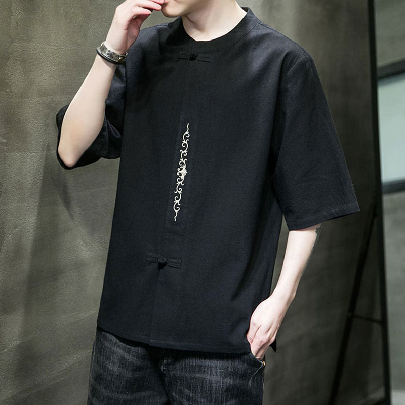 Camisa de algodón para hombre de media manga con botones de rana y bordado en color liso de Buddha Stones - image 11