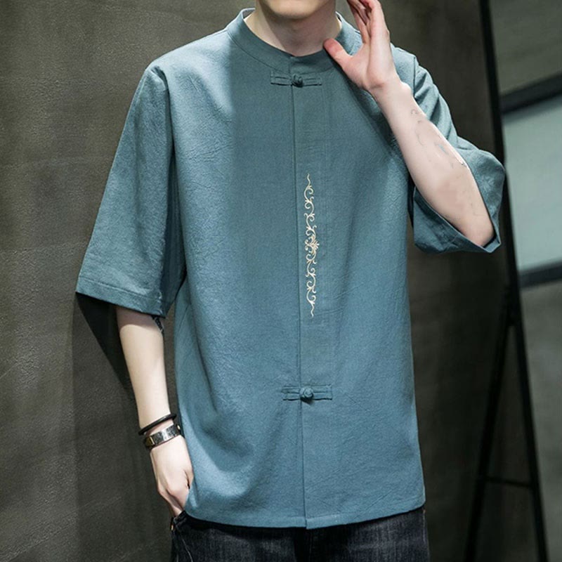 Camisa de algodón para hombre de media manga con botones de rana y bordado en color liso de Buddha Stones - image 5