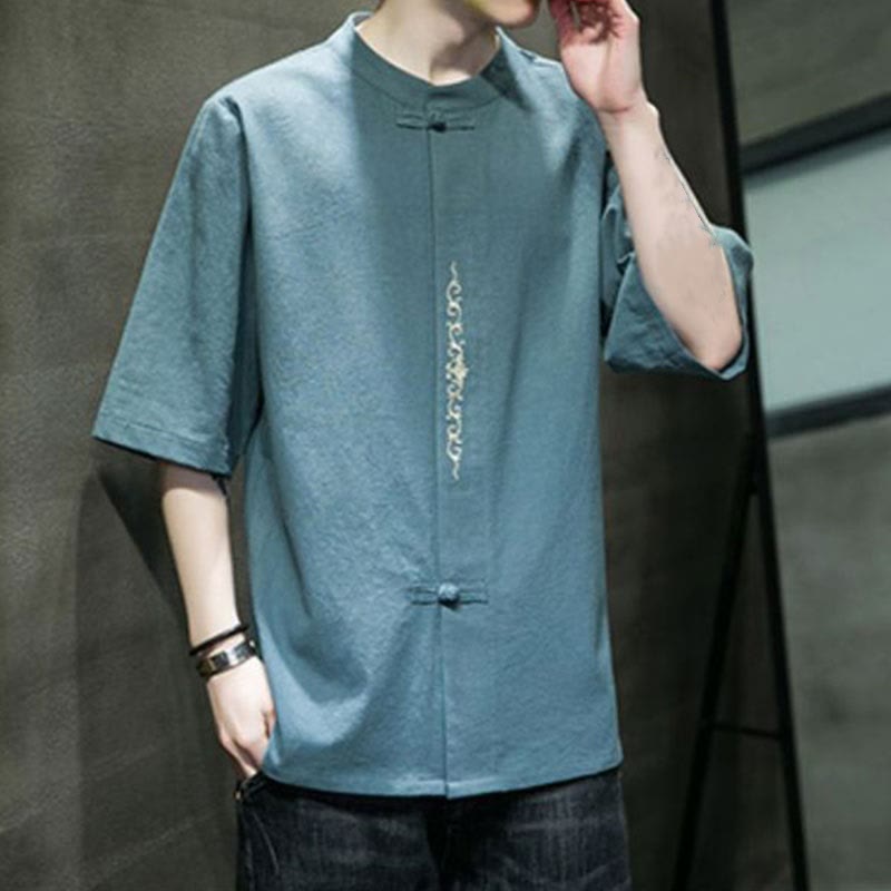 Camisa de algodón para hombre de media manga con botones de rana y bordado en color liso de Buddha Stones - image 1