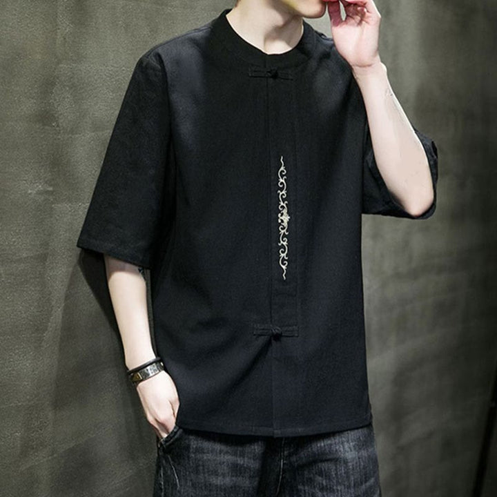 Camisa de algodón para hombre de media manga con botones de rana y bordado en color liso de Buddha Stones - image 10