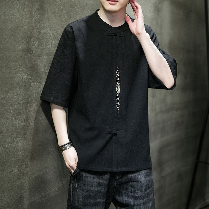 Camisa de algodón para hombre de media manga con botones de rana y bordado en color liso de Buddha Stones - image 14