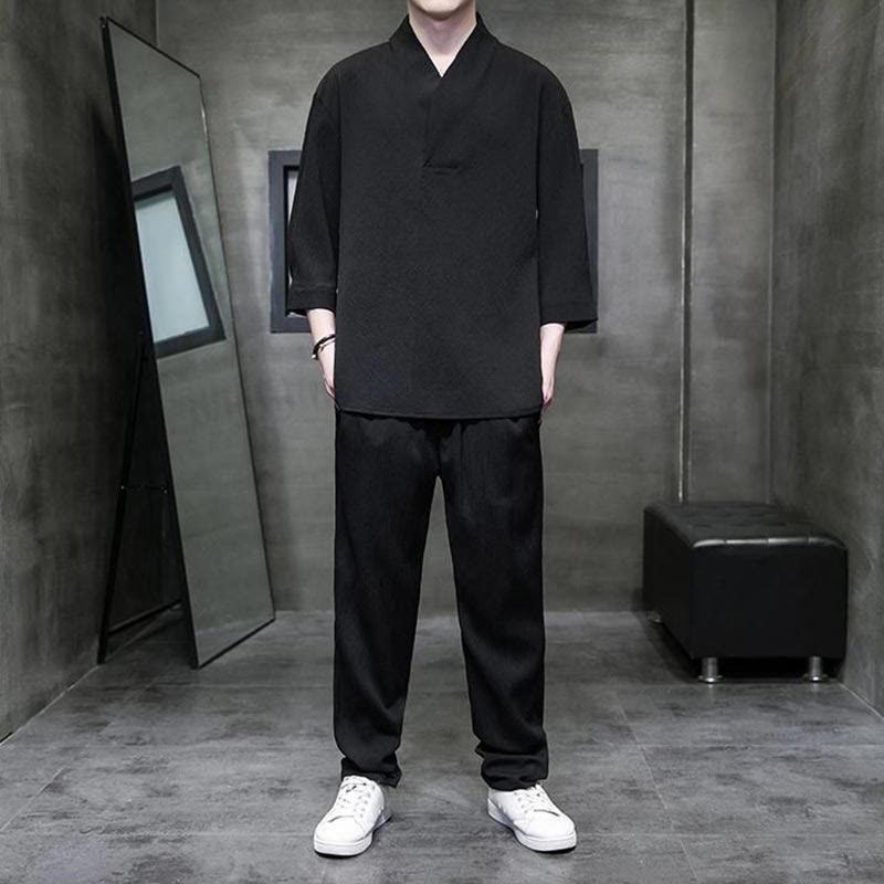 Conjunto de ropa para hombre de Buddha Stones: camisa de color sólido con cuello en V y manga tres cuartos, y pantalones casuales - Negro - US/UK/AU44, EU54 (4XL) - image 7