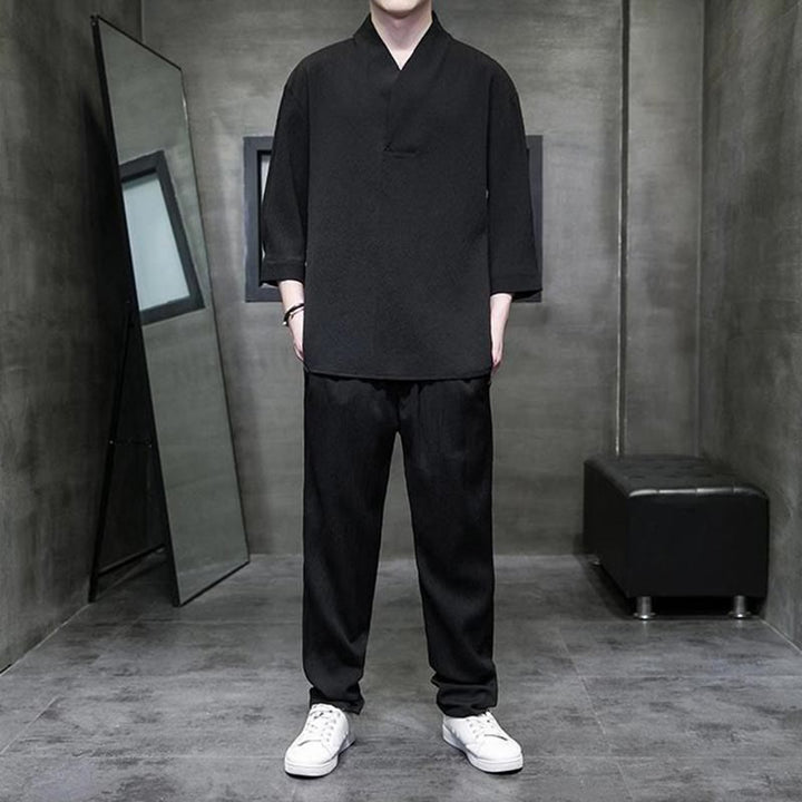 Conjunto de ropa para hombre de Buddha Stones: camisa de color sólido con cuello en V y manga tres cuartos, y pantalones casuales - Negro - US/UK/AU44, EU54 (4XL) - image 7