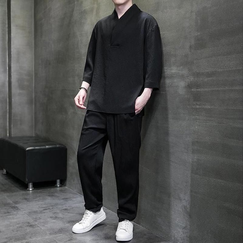 Conjunto de ropa para hombre de Buddha Stones: camisa de color sólido con cuello en V y manga tres cuartos, y pantalones casuales - image 10