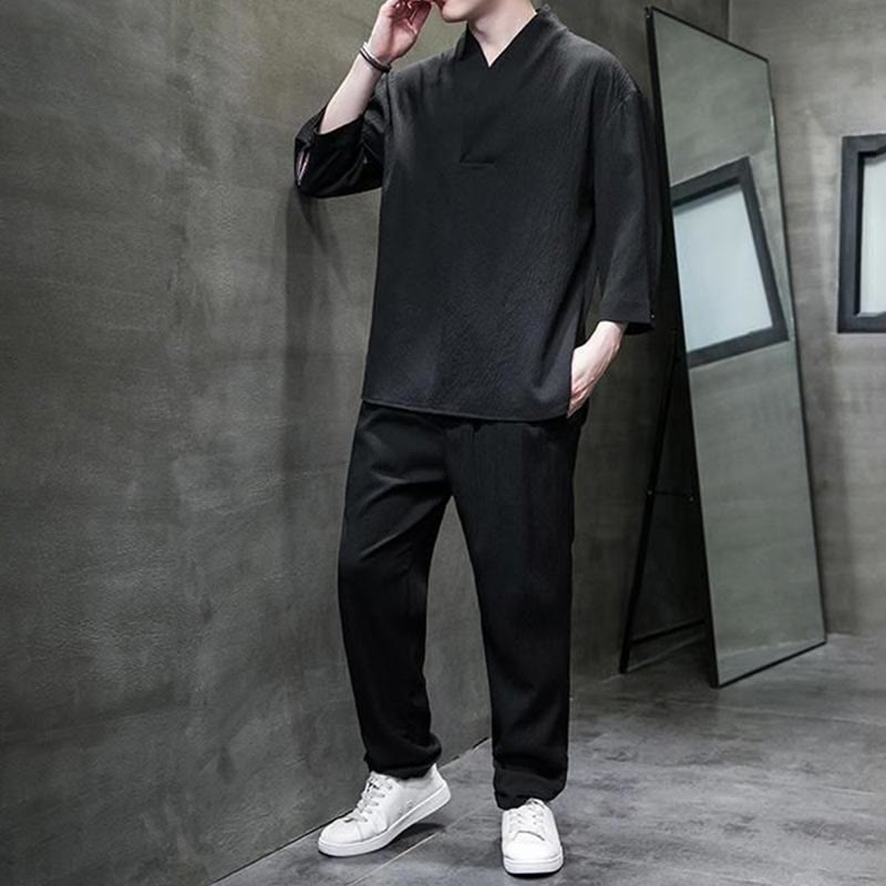 Conjunto de ropa para hombre de Buddha Stones: camisa de color sólido con cuello en V y manga tres cuartos, y pantalones casuales - image 16