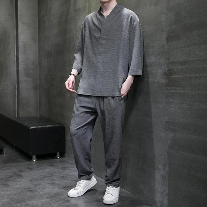 Conjunto de ropa para hombre de Buddha Stones: camisa de color sólido con cuello en V y manga tres cuartos, y pantalones casuales - image 22