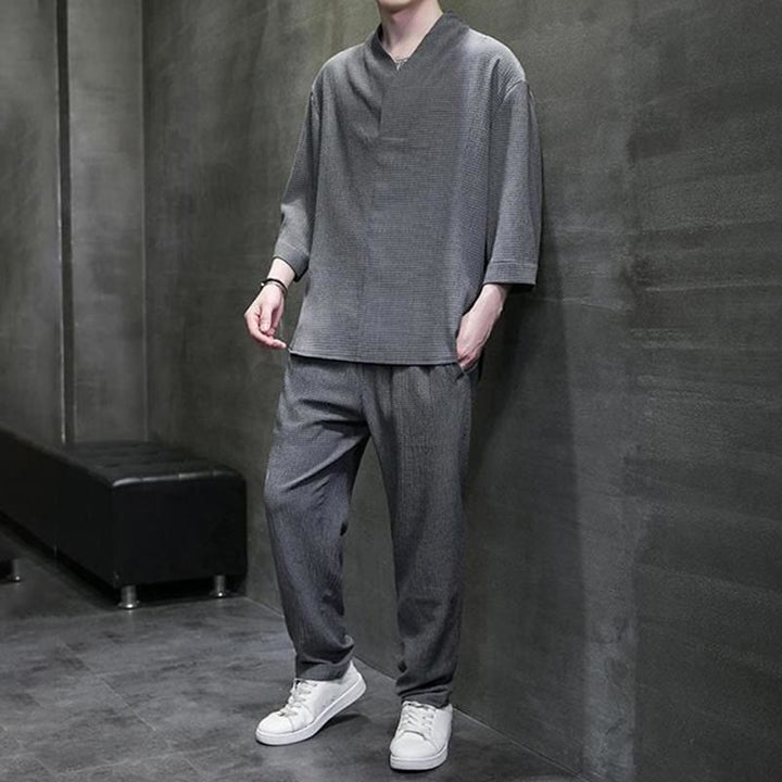 Conjunto de ropa para hombre de Buddha Stones: camisa de color sólido con cuello en V y manga tres cuartos, y pantalones casuales - image 22