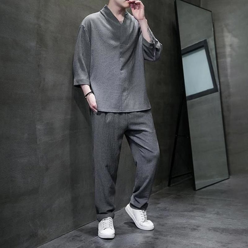 Conjunto de ropa para hombre de Buddha Stones: camisa de color sólido con cuello en V y manga tres cuartos, y pantalones casuales - image 20