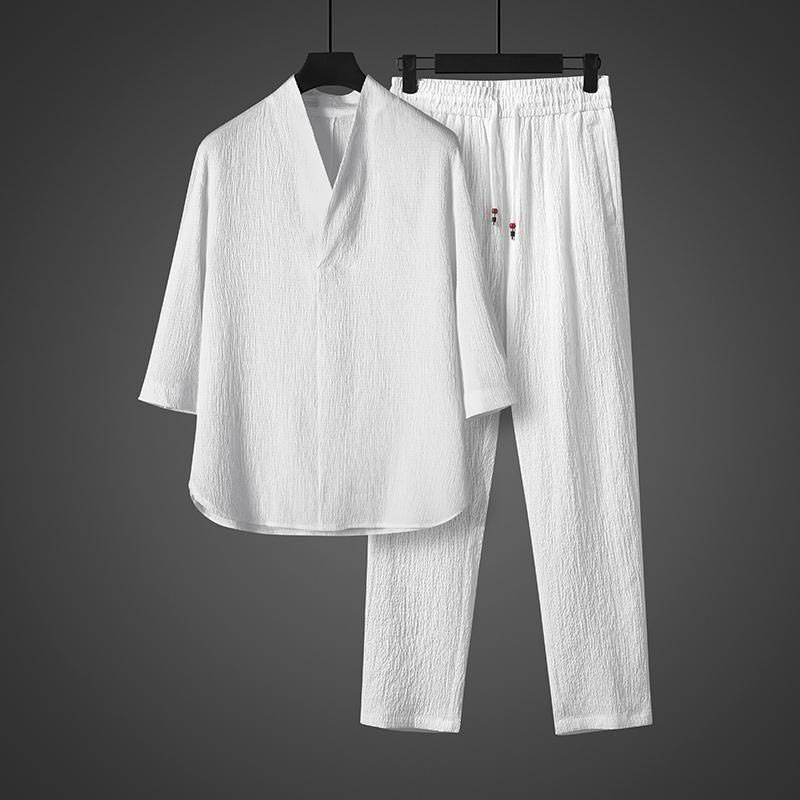 Conjunto de ropa para hombre de Buddha Stones: camisa de color sólido con cuello en V y manga tres cuartos, y pantalones casuales - image 4