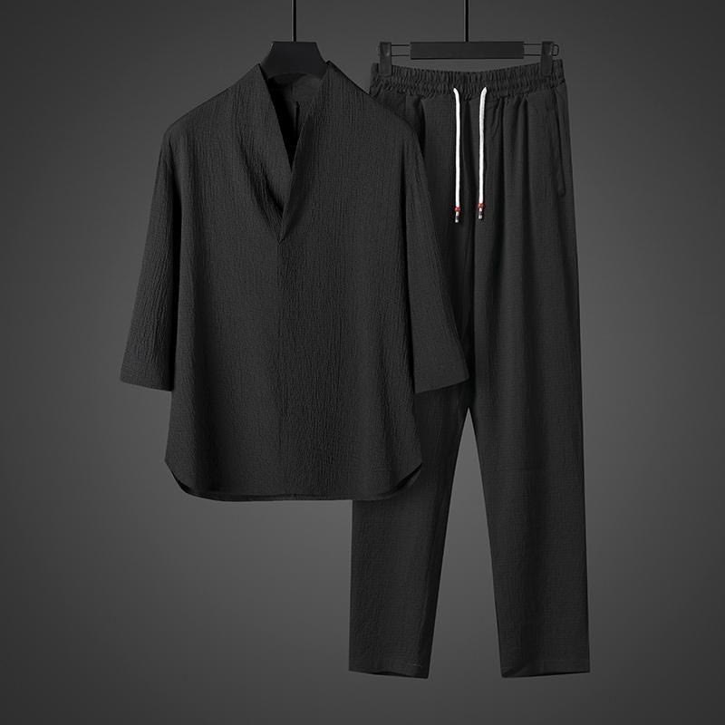 Conjunto de ropa para hombre de Buddha Stones: camisa de color sólido con cuello en V y manga tres cuartos, y pantalones casuales - image 11