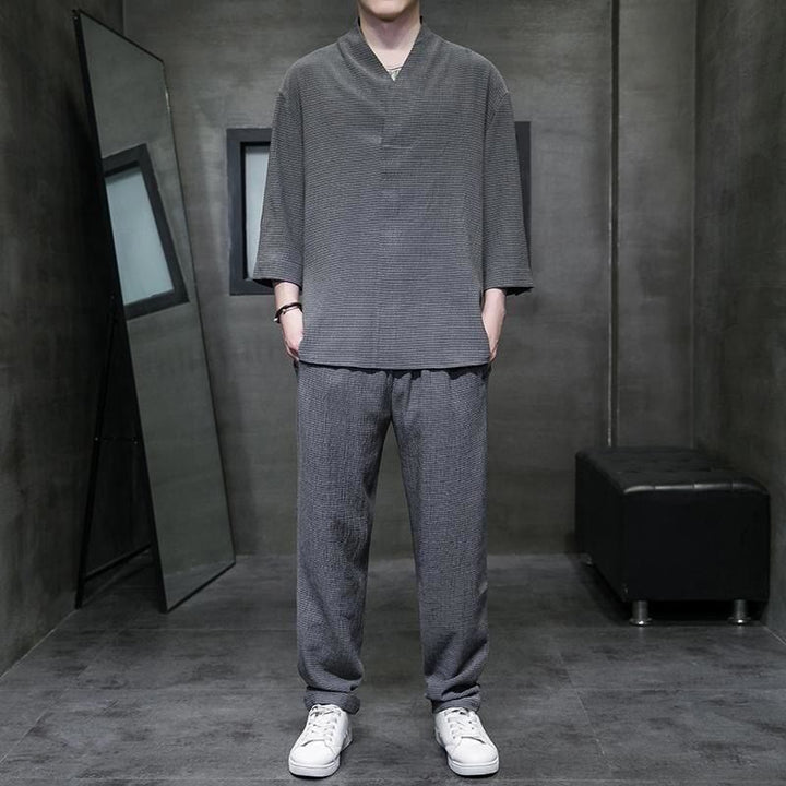 Conjunto de ropa para hombre de Buddha Stones: camisa de color sólido con cuello en V y manga tres cuartos, y pantalones casuales - Gris oscuro - US/UK/AU44, EU54 (4XL) - image 18