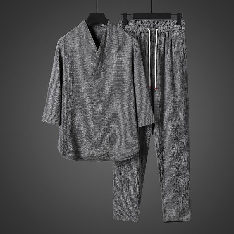 Conjunto de ropa para hombre de Buddha Stones: camisa de color sólido con cuello en V y manga tres cuartos, y pantalones casuales - image 23
