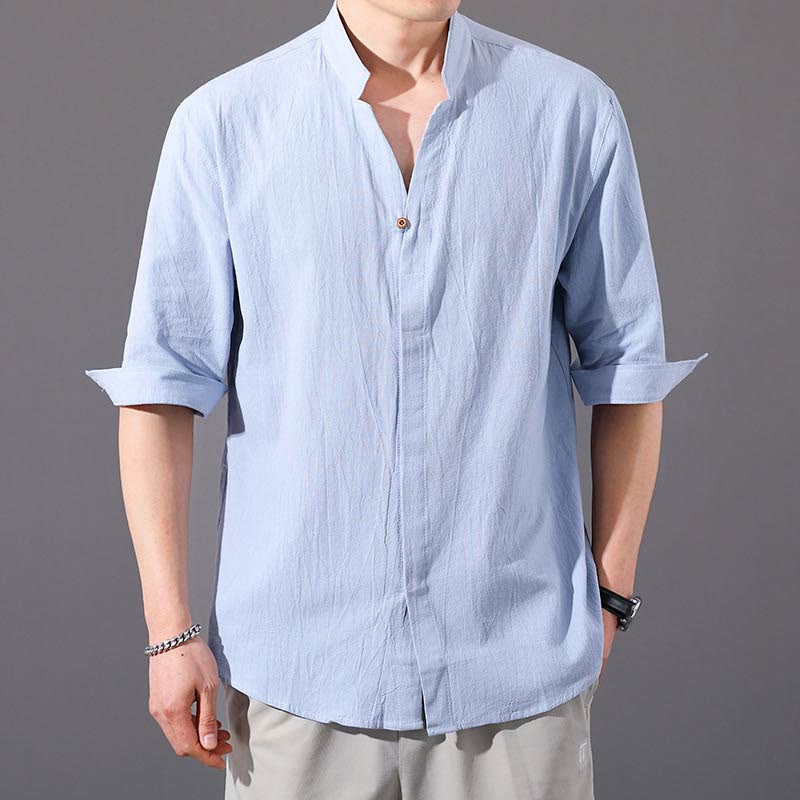 Camisa de hombre de verano de algodón de manga corta con botones Buddha Stones - Azul claro - US/UK/AU48, EU58 (6XL)  - image 1
