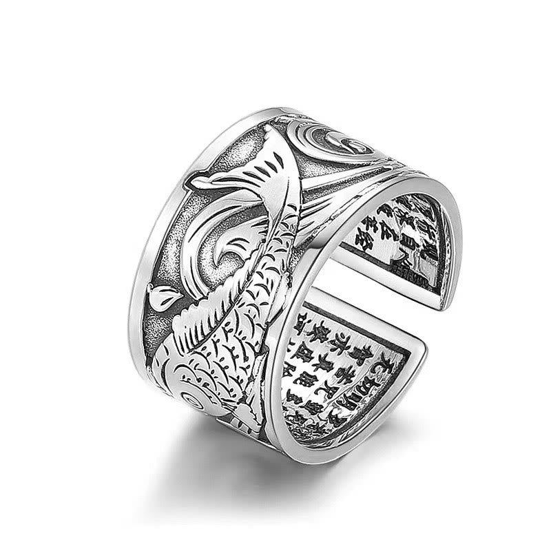 Anillos de riqueza y suerte con diseño tallado del Sutra del corazón de pez koi de Buddha Stones