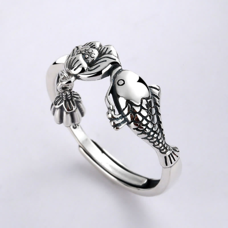 Buddha Stones anillo de éxito de flor de loto de pez koi de plata esterlina 925 - Loto con forma de pez koi (ajustable) - image 0