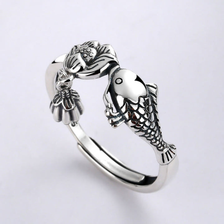 Buddha Stones anillo de éxito de flor de loto de pez koi de plata esterlina 925