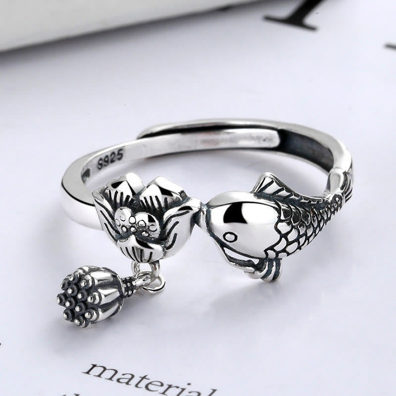 Buddha Stones anillo de éxito de flor de loto de pez koi de plata esterlina 925
