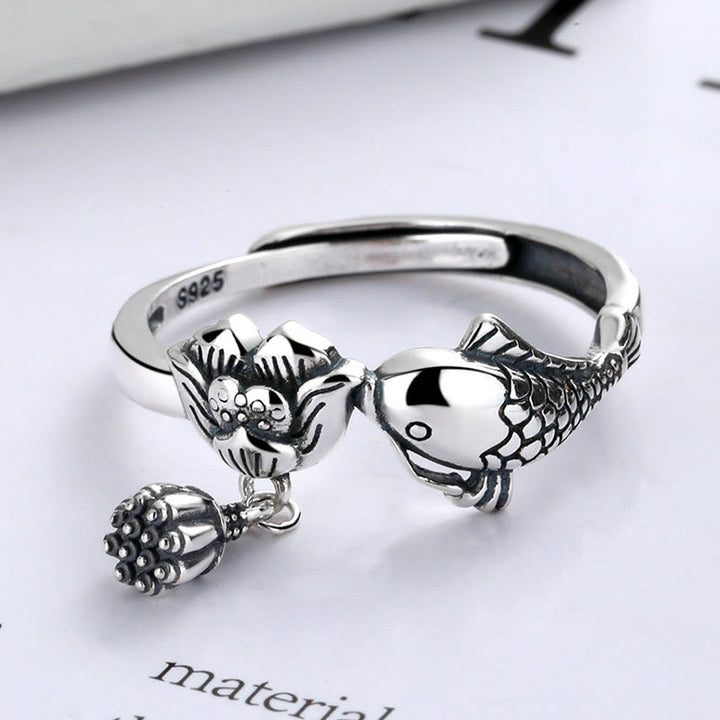 Buddha Stones anillo de éxito de flor de loto de pez koi de plata esterlina 925