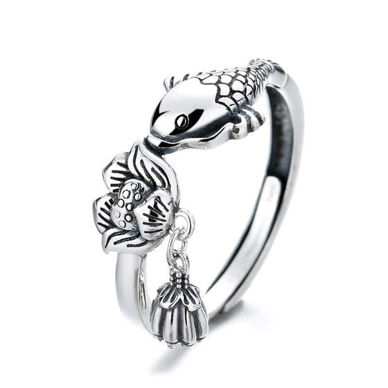 Buddha Stones anillo de éxito de flor de loto de pez koi de plata esterlina 925
