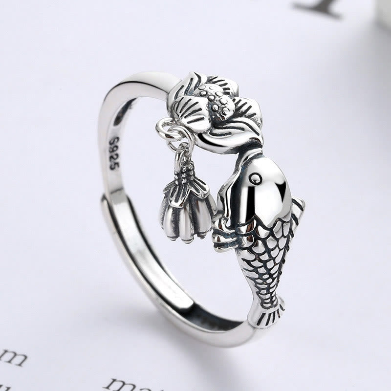 Buddha Stones anillo de éxito de flor de loto de pez koi de plata esterlina 925