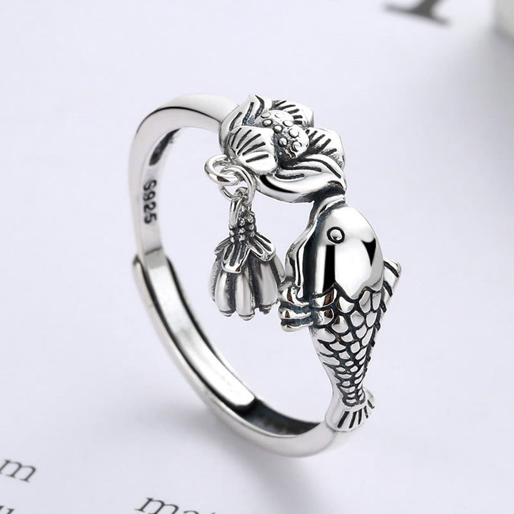 Buddha Stones anillo de éxito de flor de loto de pez koi de plata esterlina 925