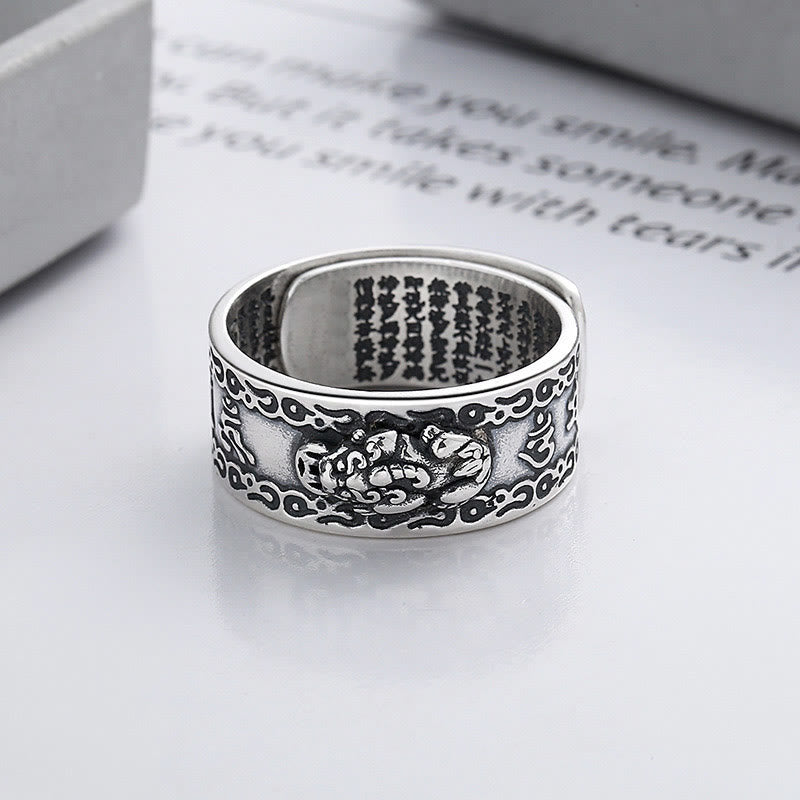 Buddha Stones Anillo ajustable de riqueza con PiXiu esculpido en escritura en plata de ley 925
